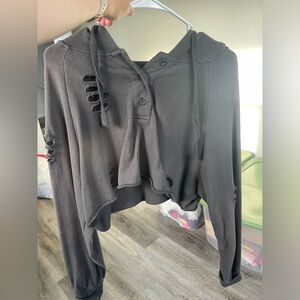 Distressed Dark Grey Cropped Hoodie